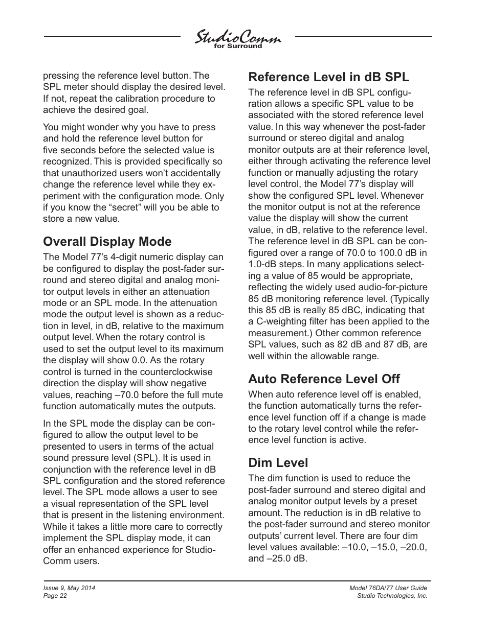 Overall display mode, Reference level in db spl, Auto reference level off | Dim level | Studio Technologies 76DA V.4.12 User Manual | Page 22 / 53