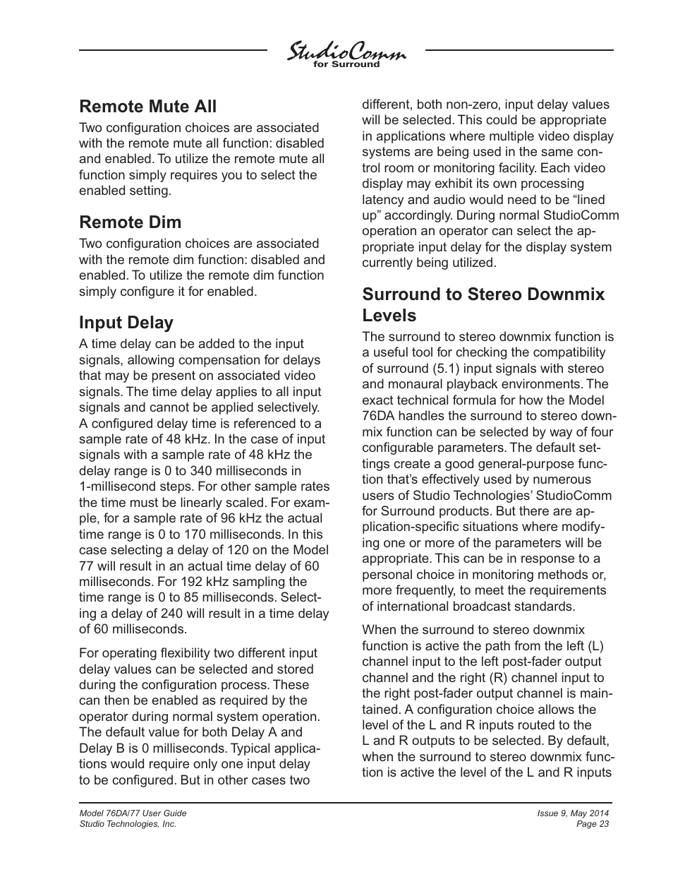 Remote mute all, Remote dim, Input delay | Surround to stereo downmix levels | Studio Technologies 76DA V.4.12 User Manual | Page 23 / 53