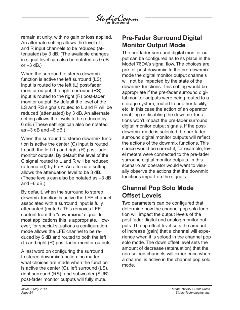 Pre-fader surround digital monitor output mode, Channel pop solo mode offset levels | Studio Technologies 76DA V.4.12 User Manual | Page 24 / 53