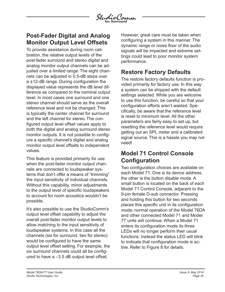 Restore factory defaults, Model 71 control console conﬁguration | Studio Technologies 76DA V.4.12 User Manual | Page 25 / 53