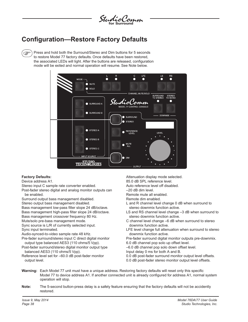 Conﬁguration—restore factory defaults | Studio Technologies 76DA V.4.12 User Manual | Page 38 / 53