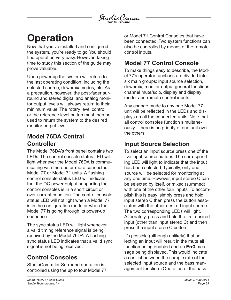 Operation, Model 76da central controller, Control consoles | Model 77 control console, Input source selection | Studio Technologies 76DA V.4.12 User Manual | Page 39 / 53