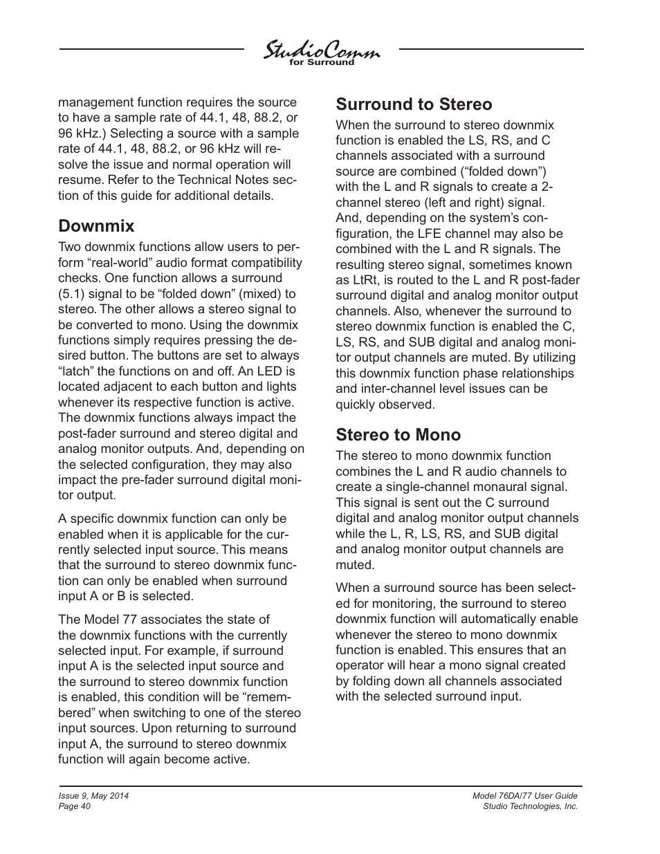 Downmix, Surround to stereo, Stereo to mono | Studio Technologies 76DA V.4.12 User Manual | Page 40 / 53