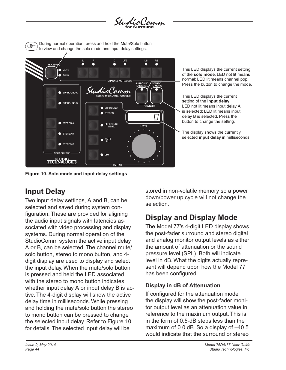 Display and display mode, Input delay | Studio Technologies 76DA V.4.12 User Manual | Page 44 / 53