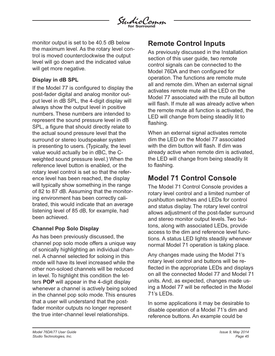 Remote control inputs, Model 71 control console | Studio Technologies 76DA V.4.12 User Manual | Page 45 / 53