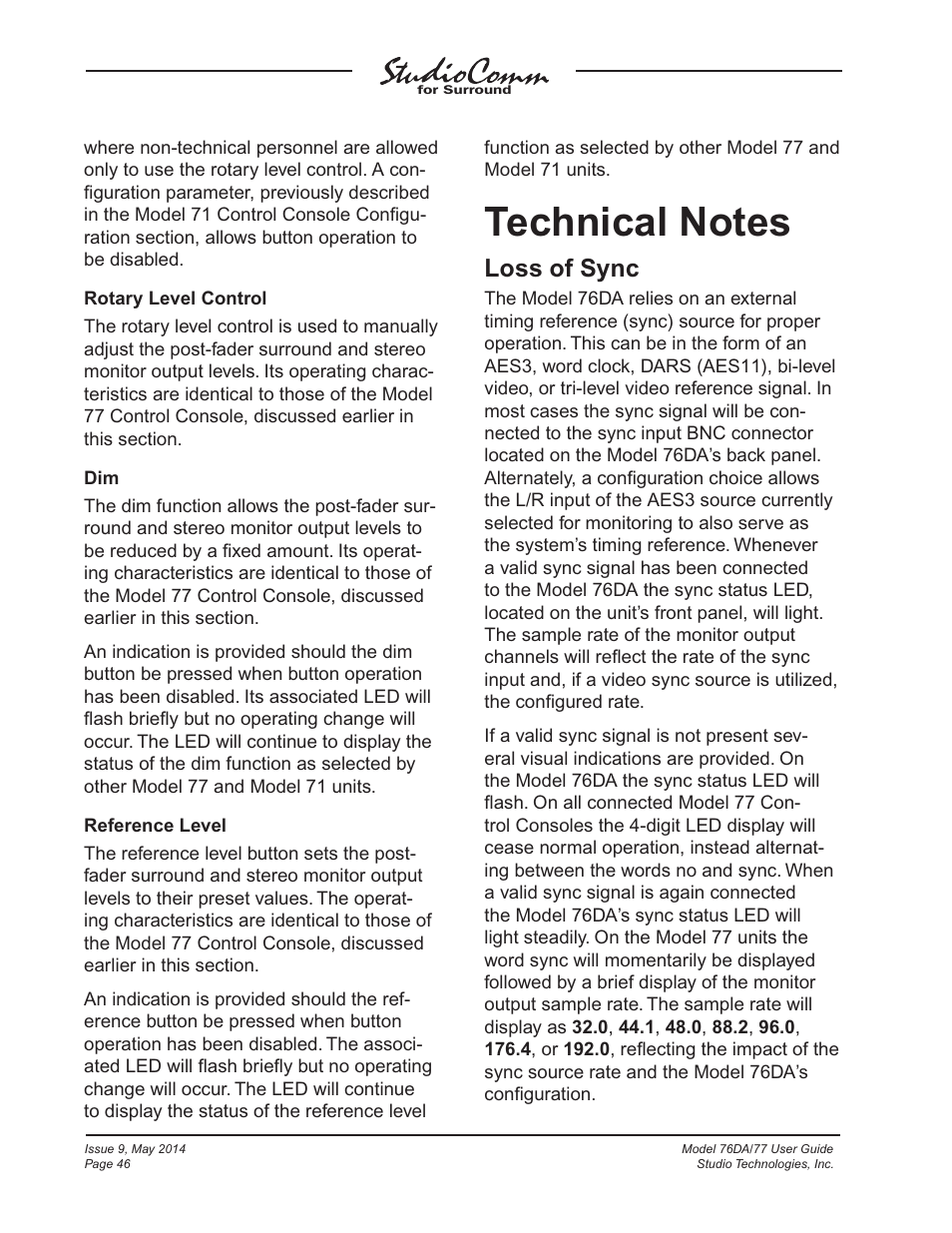 Technical notes, Loss of sync | Studio Technologies 76DA V.4.12 User Manual | Page 46 / 53