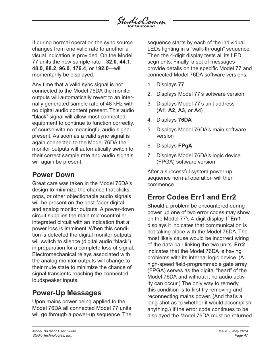 Power down, Power-up messages, Error codes err1 and err2 | Studio Technologies 76DA V.4.12 User Manual | Page 47 / 53