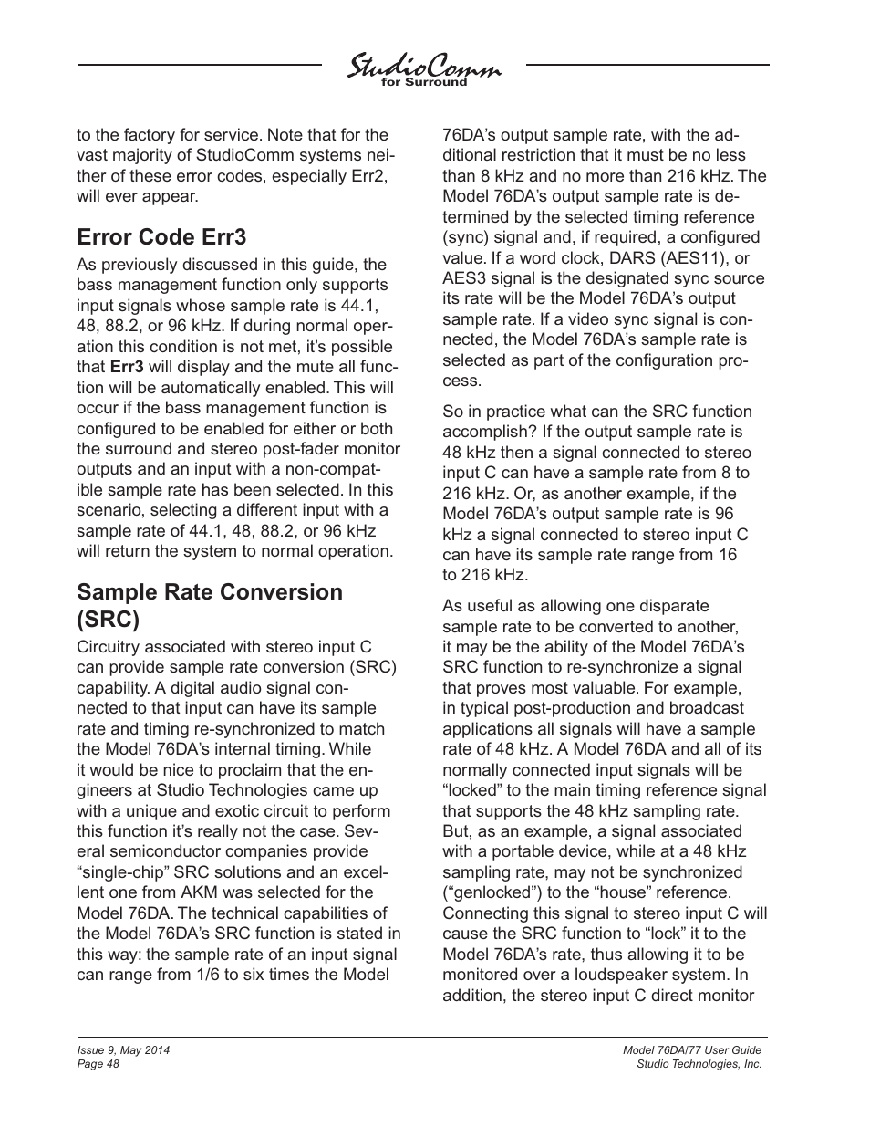 Error code err3, Sample rate conversion (src) | Studio Technologies 76DA V.4.12 User Manual | Page 48 / 53