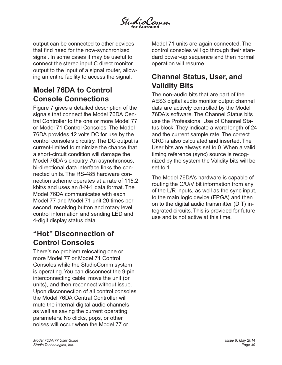 Model 76da to control console connections, Hot” disconnection of control consoles, Channel status, user, and validity bits | Studio Technologies 76DA V.4.12 User Manual | Page 49 / 53