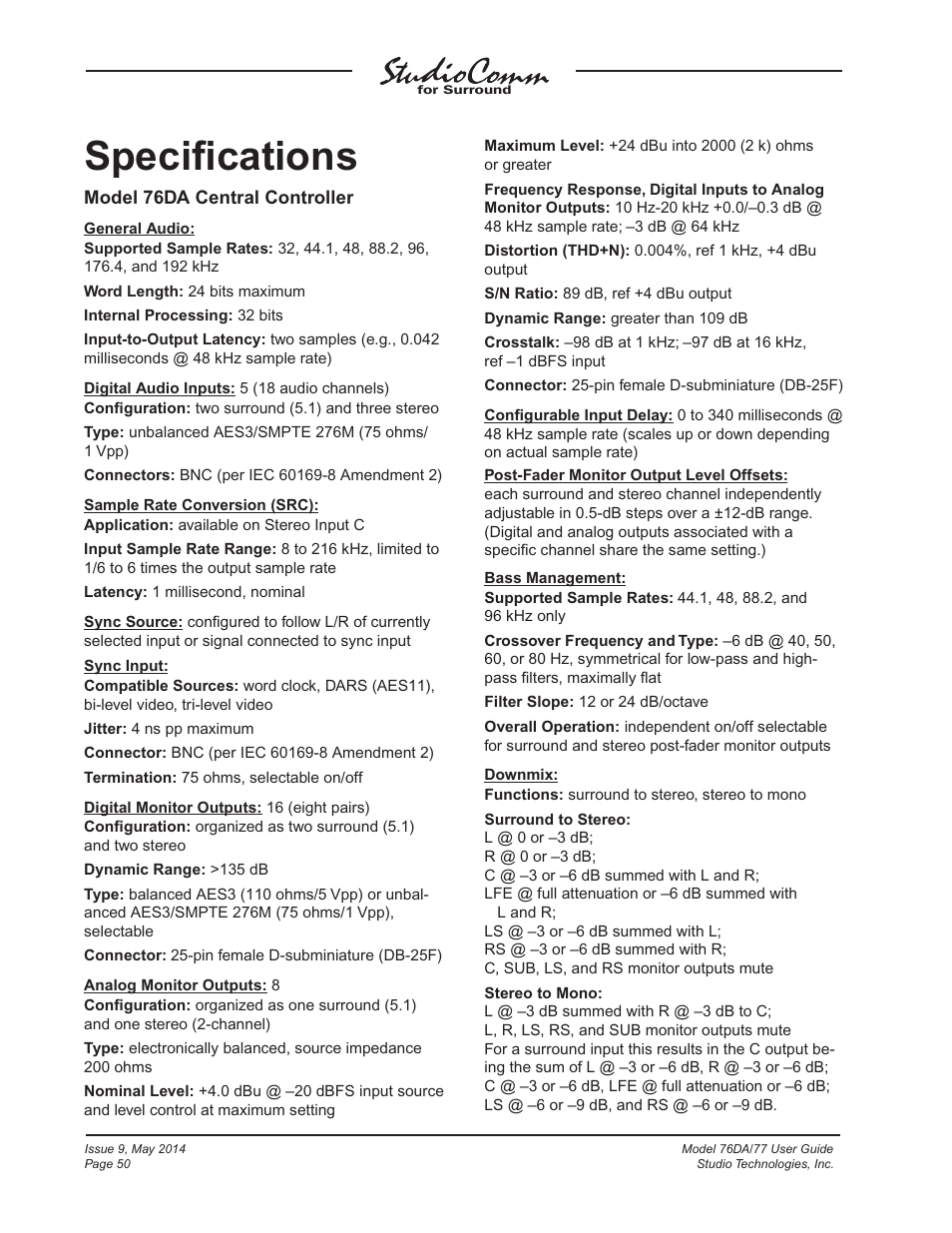 Specifications, Speciﬁcations | Studio Technologies 76DA V.4.12 User Manual | Page 50 / 53