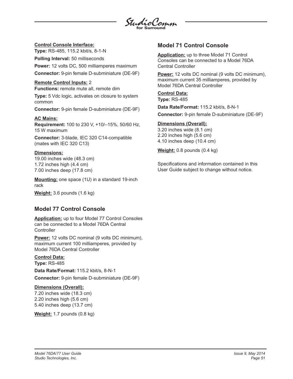 Model 77 control console, Model 71 control console | Studio Technologies 76DA V.4.12 User Manual | Page 51 / 53