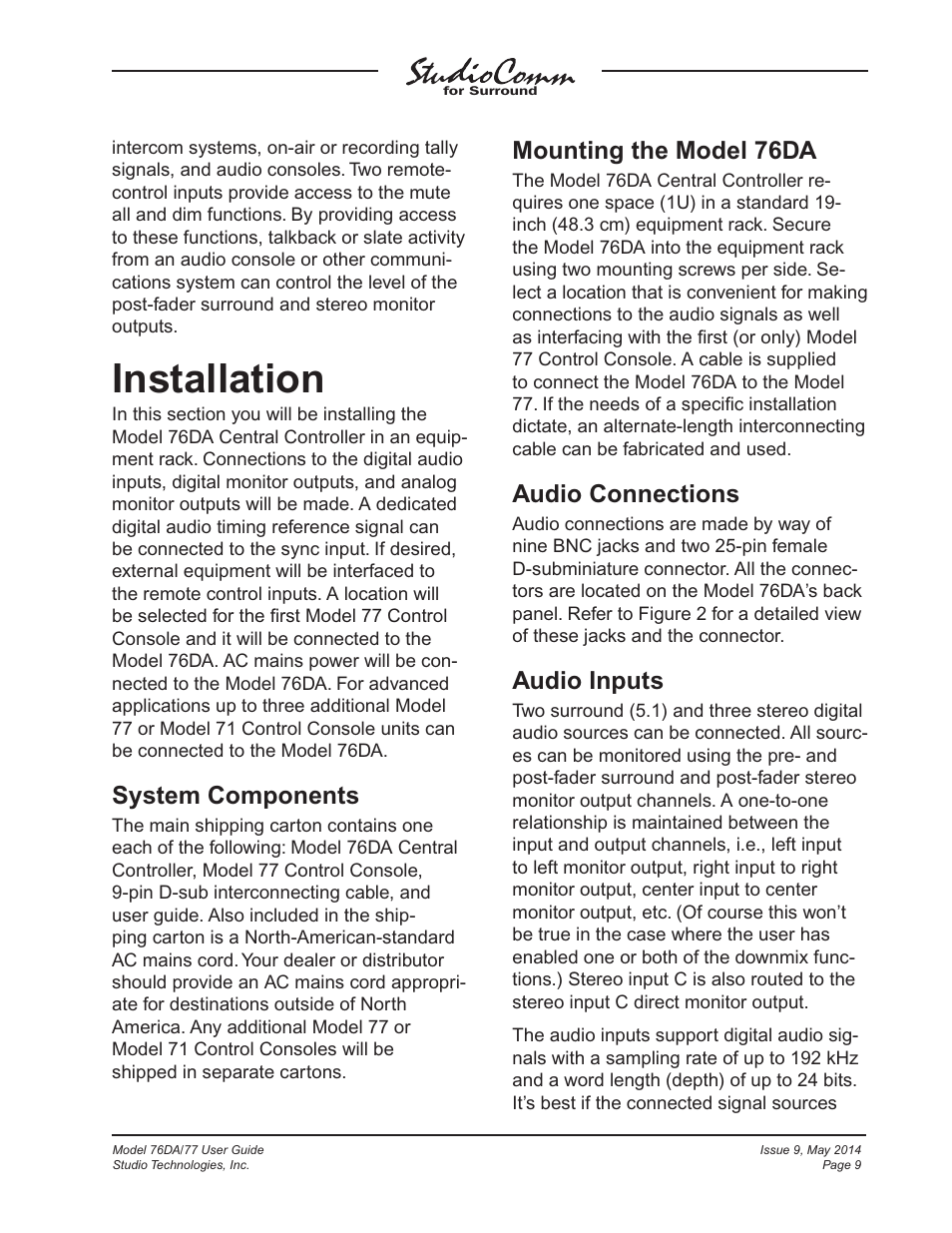 Installation, System components, Mounting the model 76da | Audio connections, Audio inputs | Studio Technologies 76DA V.4.12 User Manual | Page 9 / 53