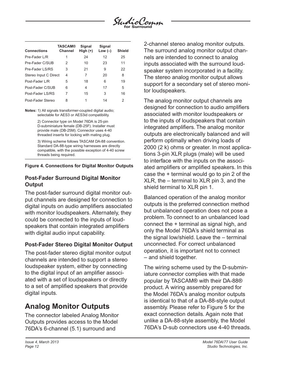 Analog monitor outputs | Studio Technologies 76DA V.4.02 User Manual | Page 12 / 53