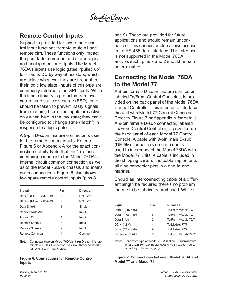 Remote control inputs, Connecting the model 76da to the model 77 | Studio Technologies 76DA V.4.02 User Manual | Page 14 / 53