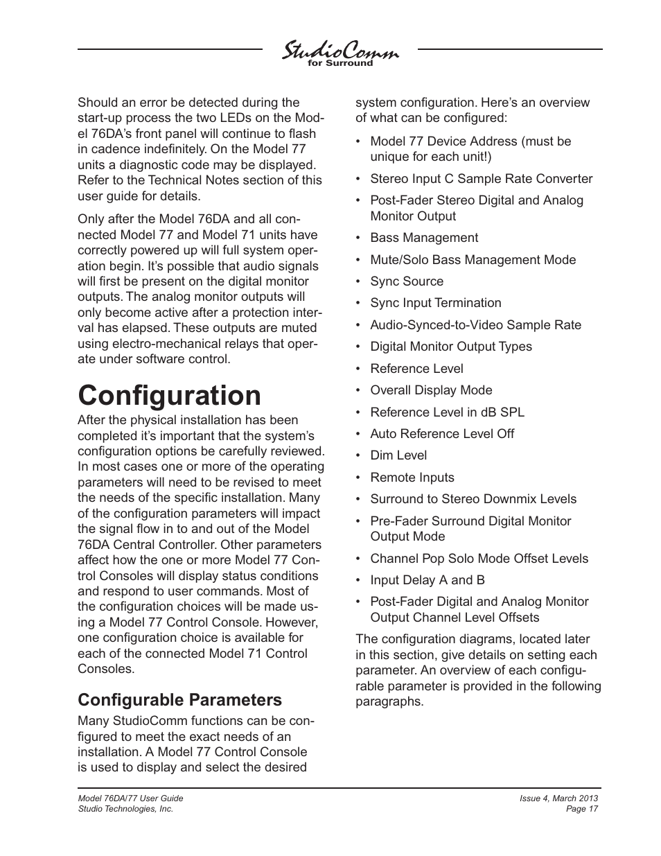 Configuration, Conﬁguration, Conﬁgurable parameters | Studio Technologies 76DA V.4.02 User Manual | Page 17 / 53