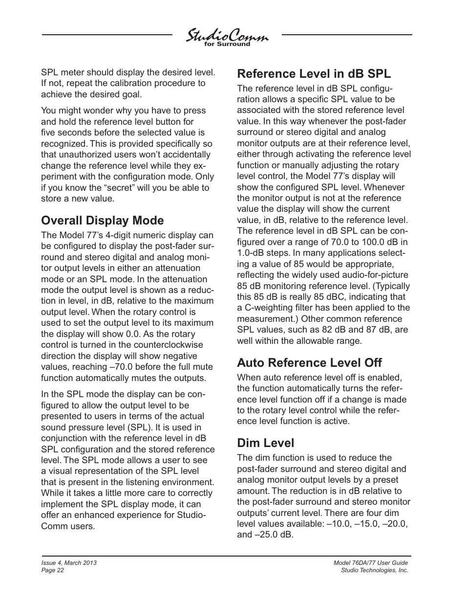 Overall display mode, Reference level in db spl, Auto reference level off | Dim level | Studio Technologies 76DA V.4.02 User Manual | Page 22 / 53