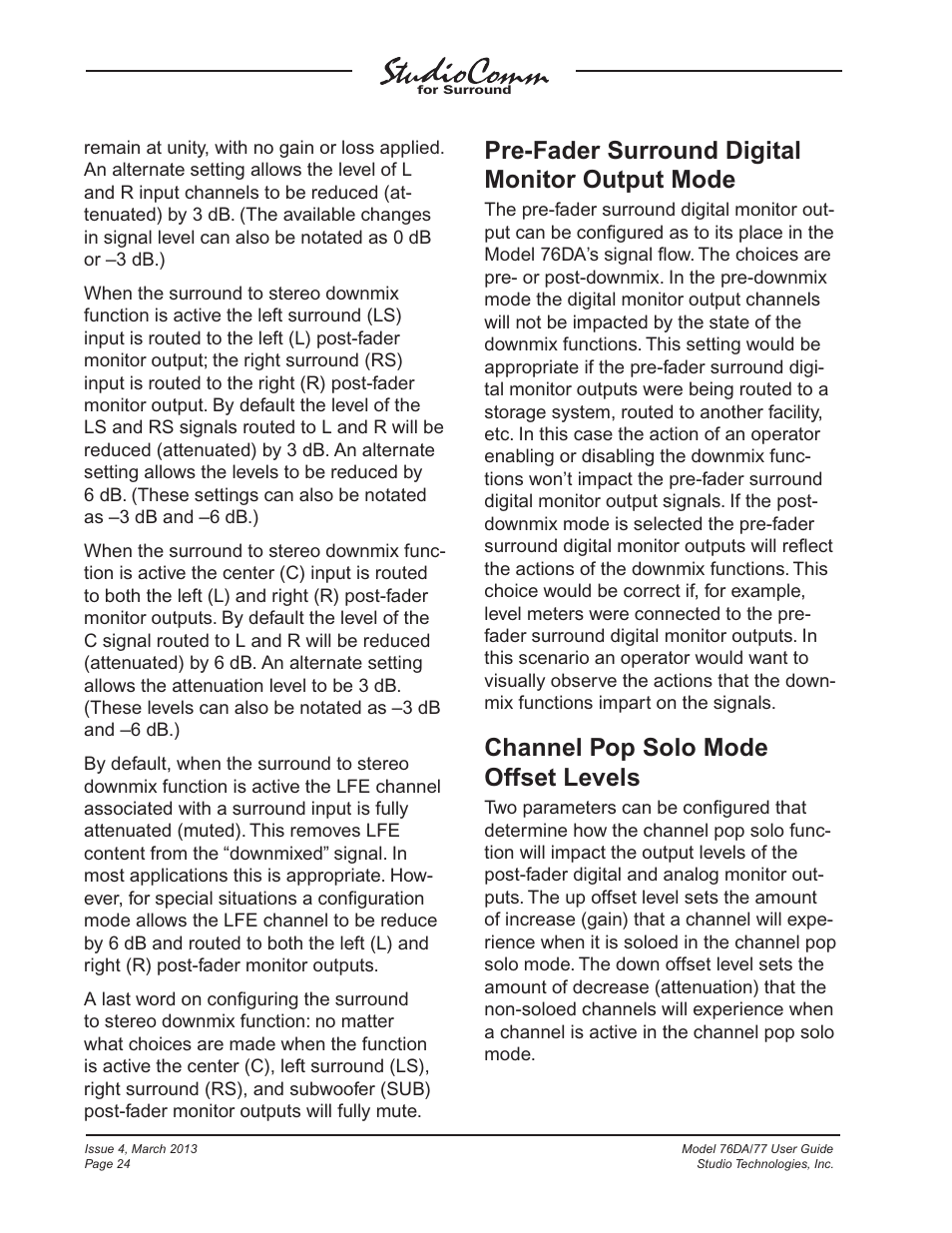 Pre-fader surround digital monitor output mode, Channel pop solo mode offset levels | Studio Technologies 76DA V.4.02 User Manual | Page 24 / 53