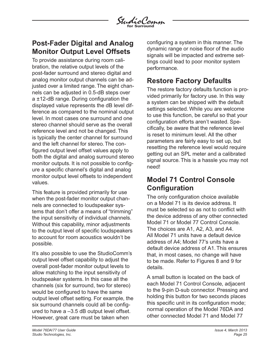 Restore factory defaults, Model 71 control console conﬁguration | Studio Technologies 76DA V.4.02 User Manual | Page 25 / 53
