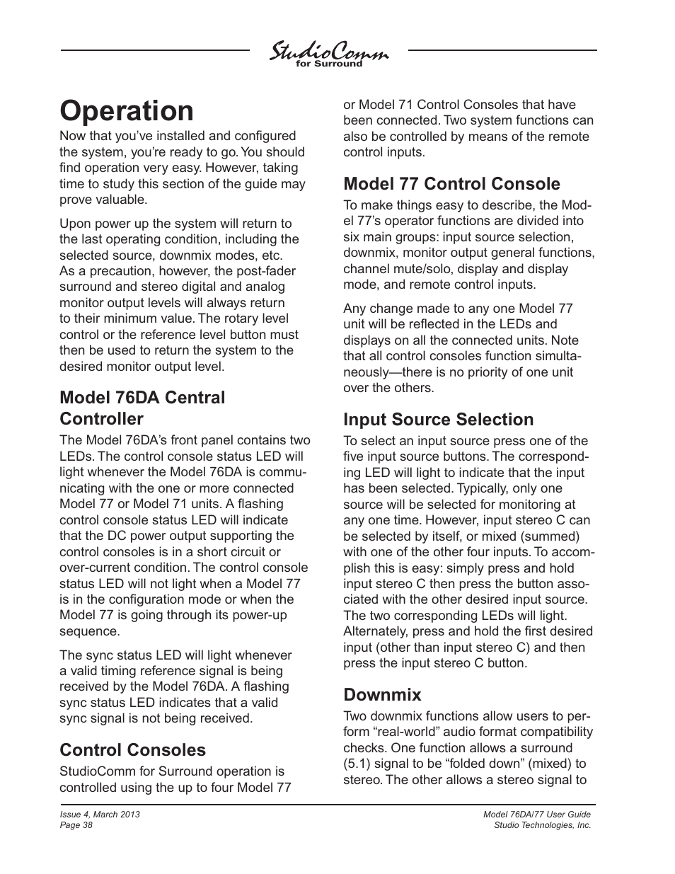 Operation, Model 76da central controller, Control consoles | Model 77 control console, Input source selection, Downmix | Studio Technologies 76DA V.4.02 User Manual | Page 38 / 53