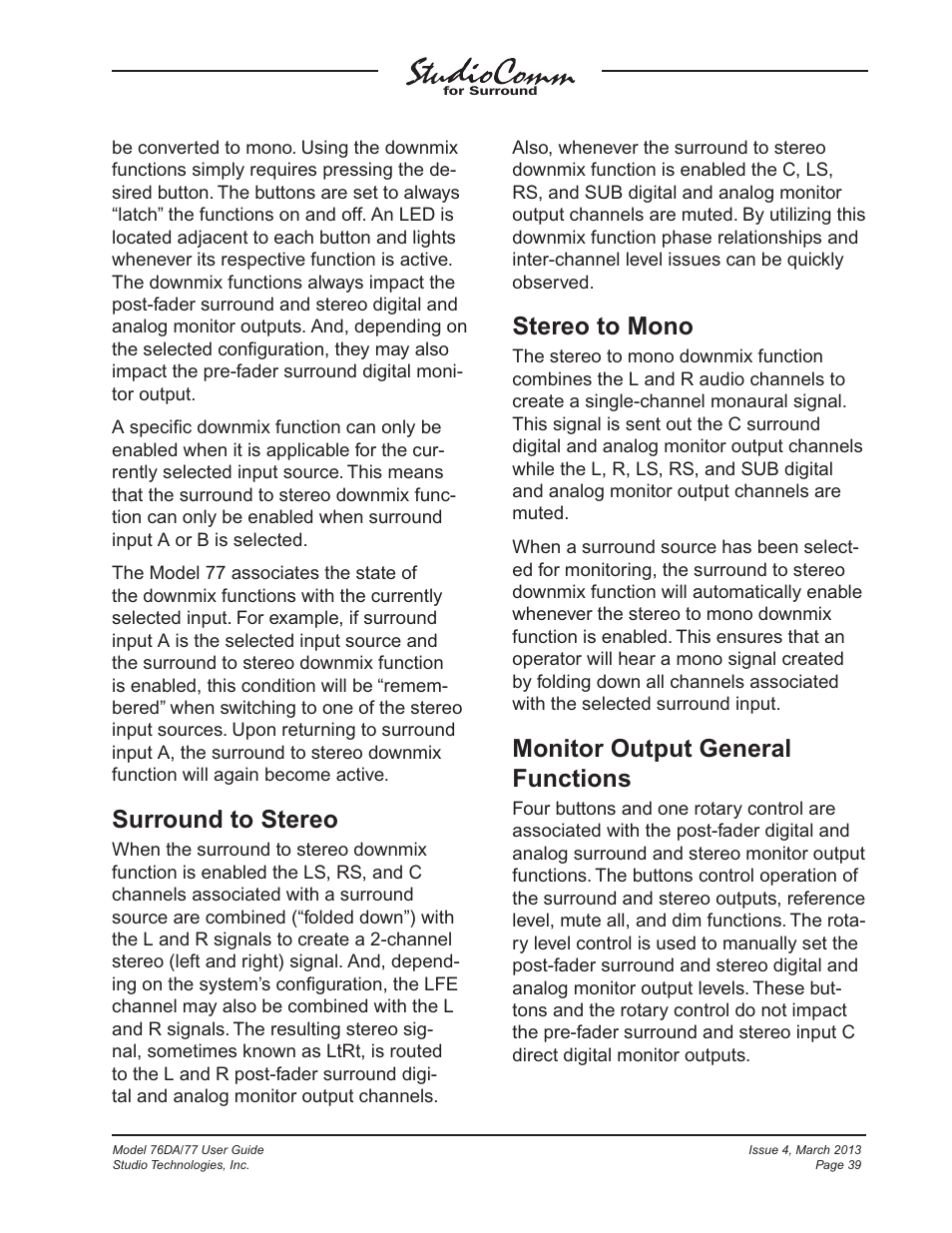 Surround to stereo, Stereo to mono, Monitor output general functions | Studio Technologies 76DA V.4.02 User Manual | Page 39 / 53