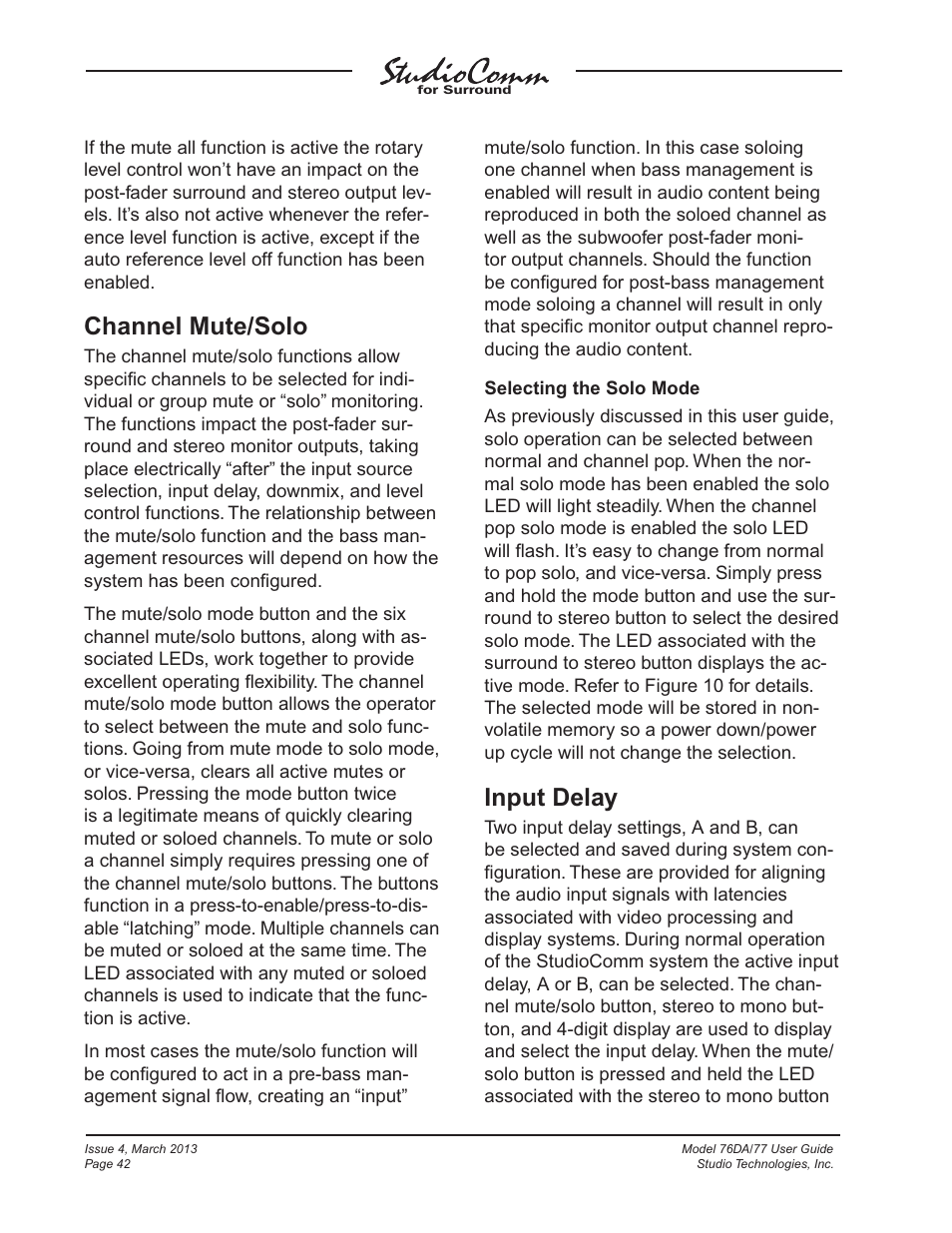 Channel mute/solo, Input delay | Studio Technologies 76DA V.4.02 User Manual | Page 42 / 53