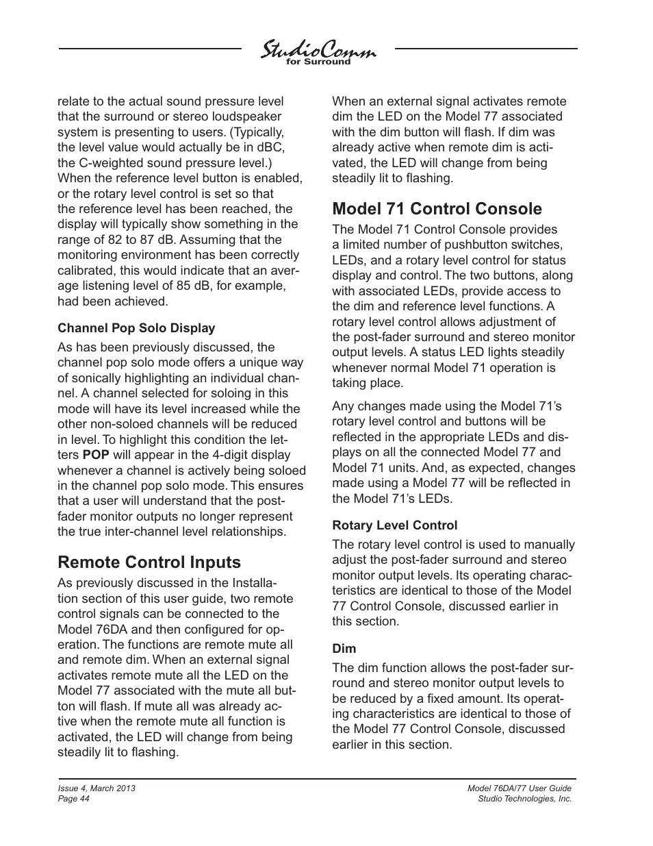 Remote control inputs, Model 71 control console | Studio Technologies 76DA V.4.02 User Manual | Page 44 / 53