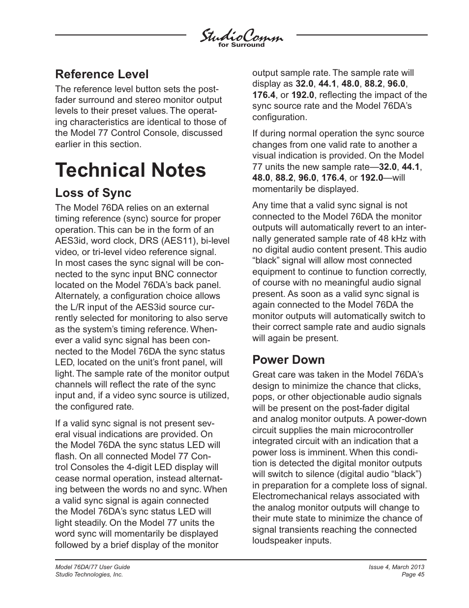 Technical notes, Reference level, Loss of sync | Power down | Studio Technologies 76DA V.4.02 User Manual | Page 45 / 53