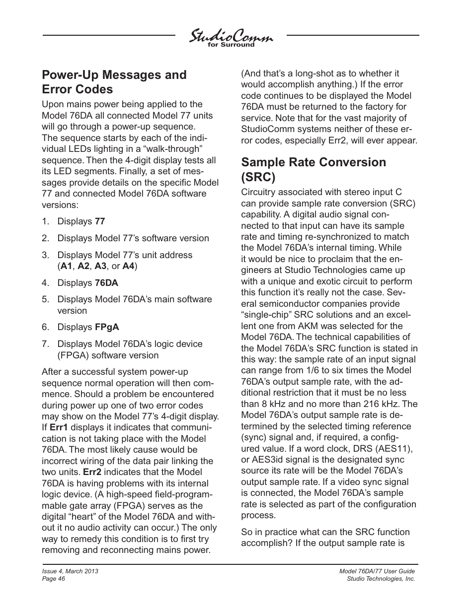 Power-up messages and error codes, Sample rate conversion (src) | Studio Technologies 76DA V.4.02 User Manual | Page 46 / 53