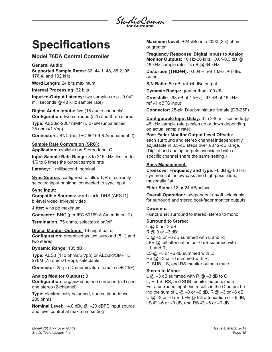 Specifications, Speciﬁcations | Studio Technologies 76DA V.4.02 User Manual | Page 49 / 53