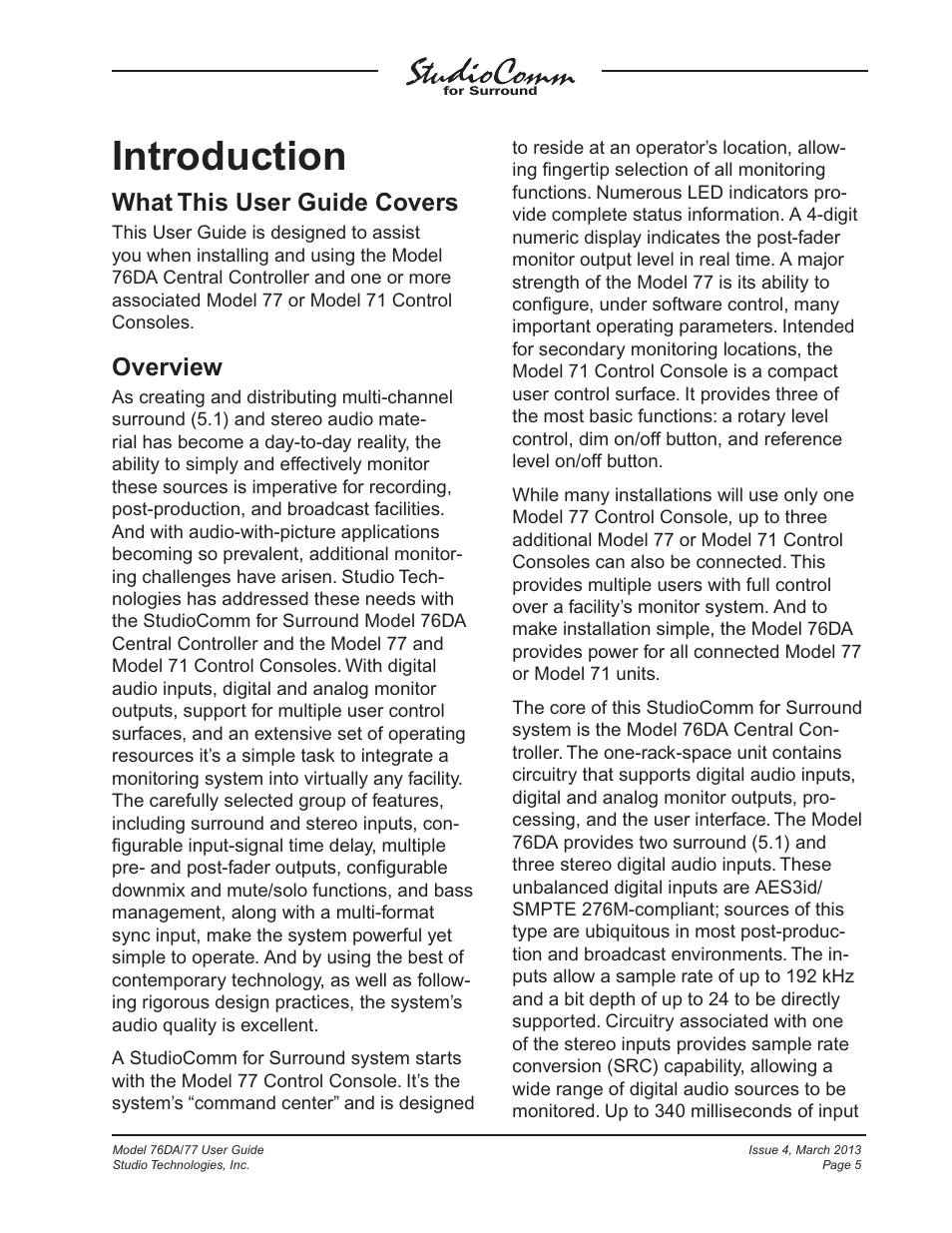 Introduction, What this user guide covers, Overview | Studio Technologies 76DA V.4.02 User Manual | Page 5 / 53