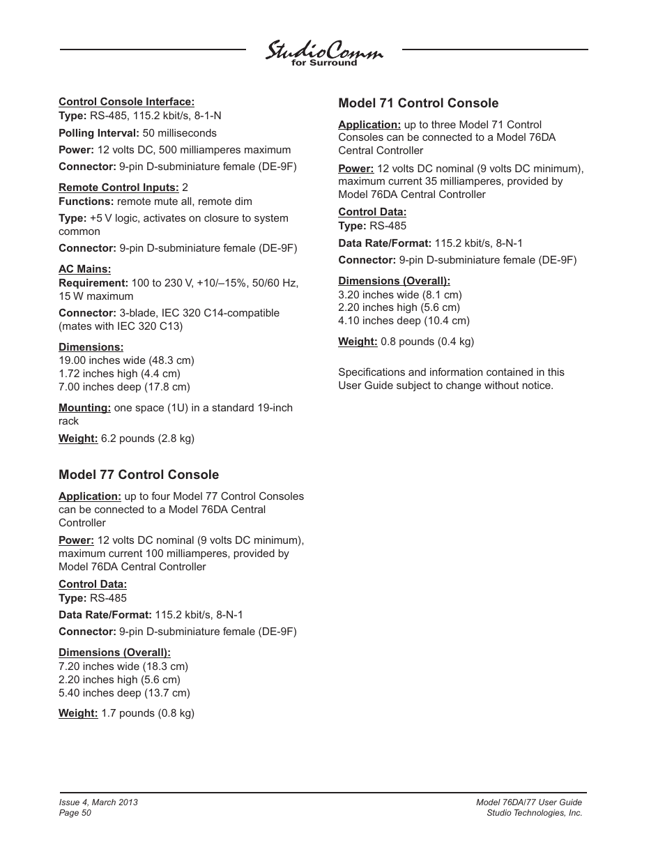 Model 77 control console, Model 71 control console | Studio Technologies 76DA V.4.02 User Manual | Page 50 / 53