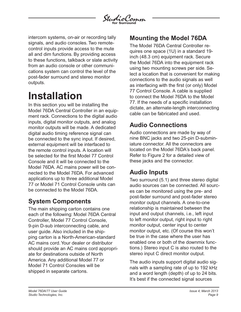Installation, System components, Mounting the model 76da | Audio connections, Audio inputs | Studio Technologies 76DA V.4.02 User Manual | Page 9 / 53