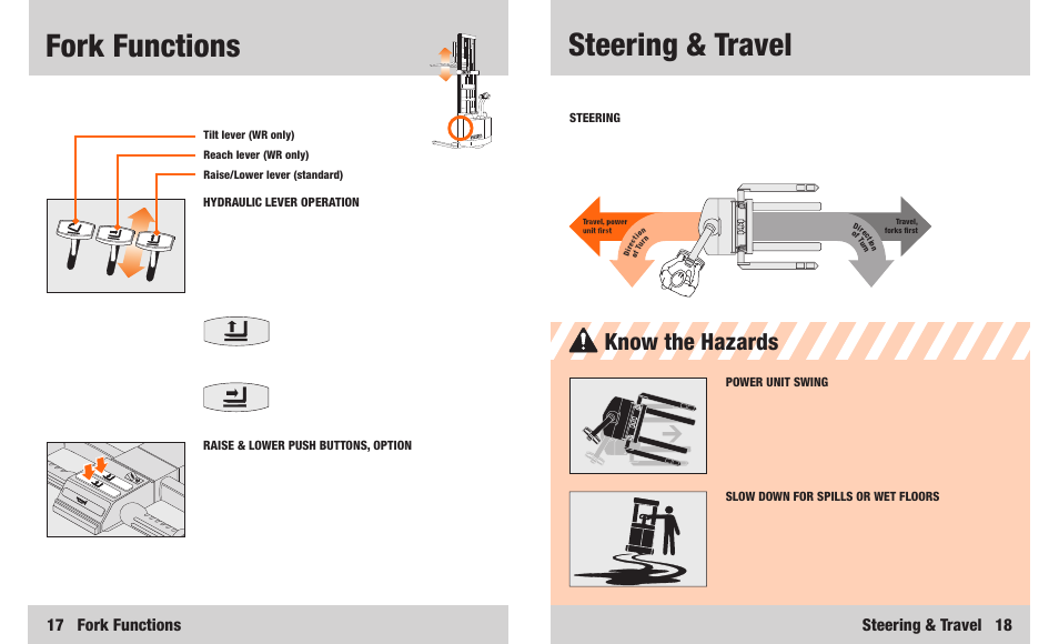 Steering & travel, Fork functions, Know the hazards | Steering & travel 18, 17 fork functions | Crown Equipment Walkie Lift Truck WR Series User Manual | Page 10 / 16