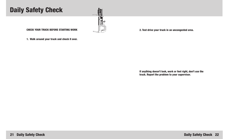 Daily safety check, 21 daily safety check, Daily safety check 22 | Crown Equipment Walkie Lift Truck WR Series User Manual | Page 12 / 16