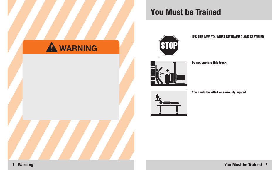 Stop, You must be trained, Warning | Crown Equipment Walkie Lift Truck WR Series User Manual | Page 2 / 16