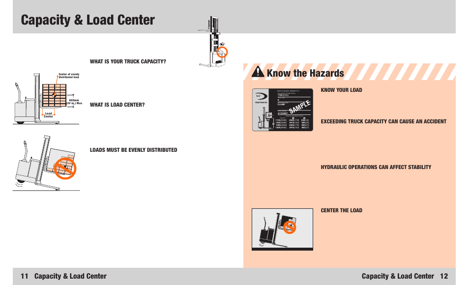 Capacity & load center, Know the hazards, 11 capacity & load center | Capacity & load center 12, Sample | Crown Equipment Walkie Lift Truck WR Series User Manual | Page 7 / 16