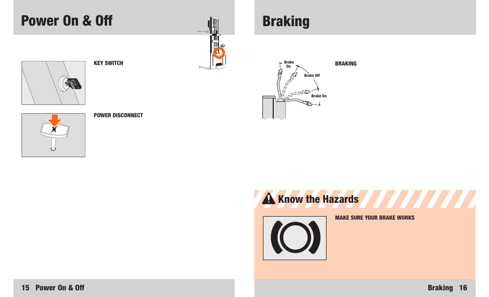 Power on & off, Braking, Know the hazards | Crown Equipment Walkie Lift Truck WR Series User Manual | Page 9 / 16