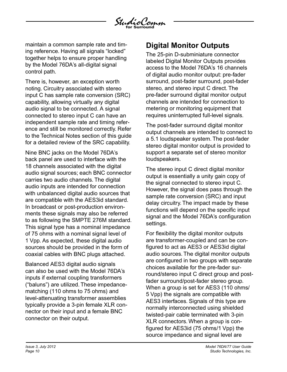 Digital monitor outputs | Studio Technologies 76DA V.4.00 User Manual | Page 10 / 51