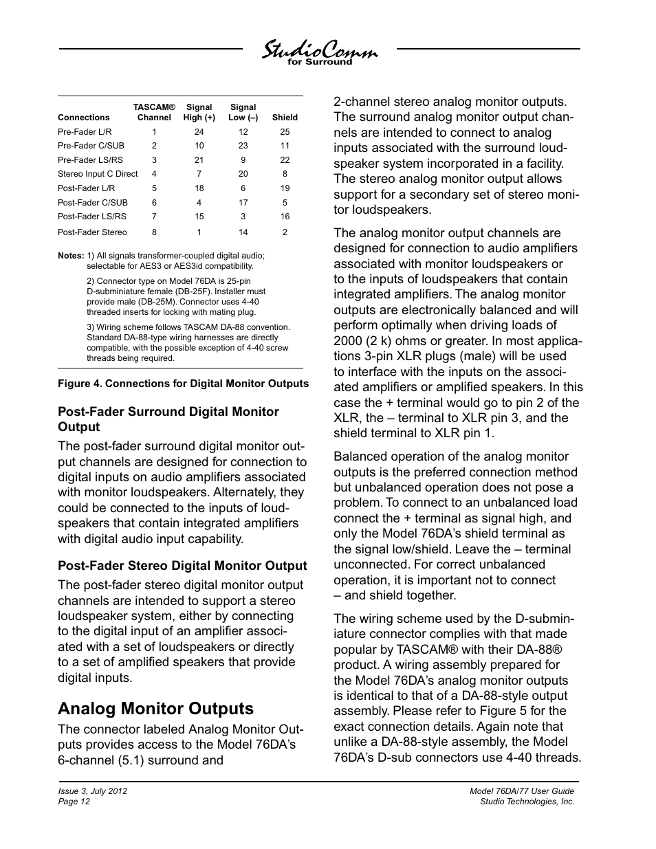 Analog monitor outputs | Studio Technologies 76DA V.4.00 User Manual | Page 12 / 51