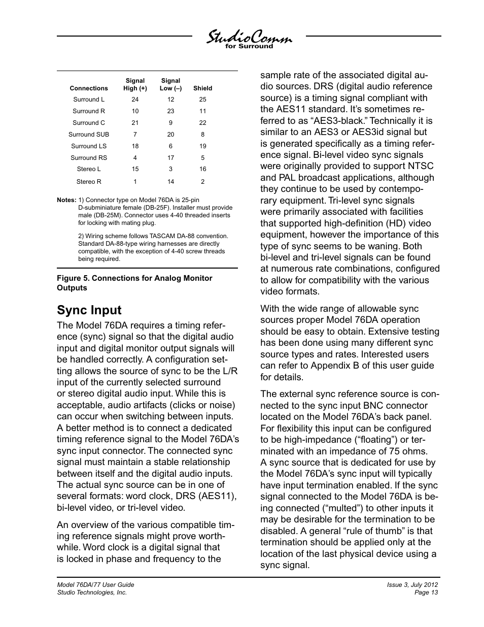 Sync input | Studio Technologies 76DA V.4.00 User Manual | Page 13 / 51