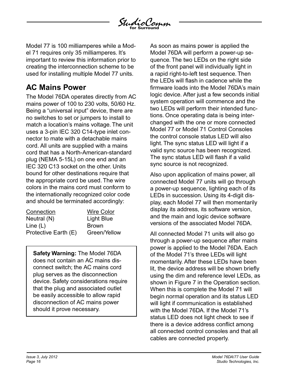 Ac mains power | Studio Technologies 76DA V.4.00 User Manual | Page 16 / 51