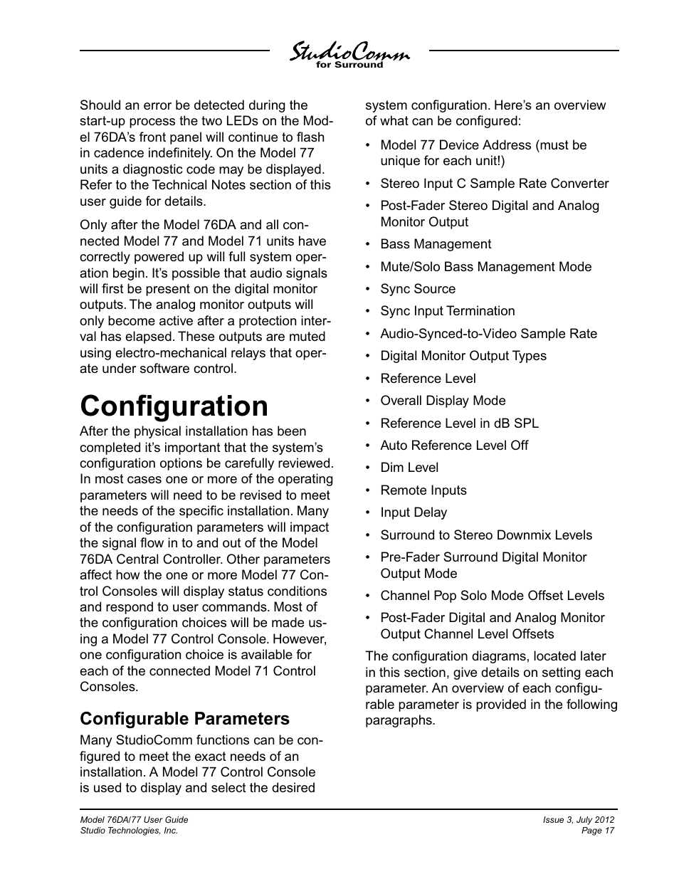 Configuration, Conﬁguration, Conﬁgurable parameters | Studio Technologies 76DA V.4.00 User Manual | Page 17 / 51
