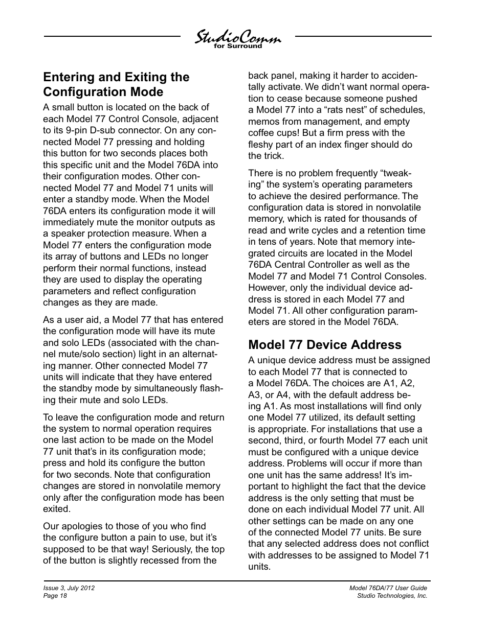 Entering and exiting the conﬁguration mode, Model 77 device address | Studio Technologies 76DA V.4.00 User Manual | Page 18 / 51