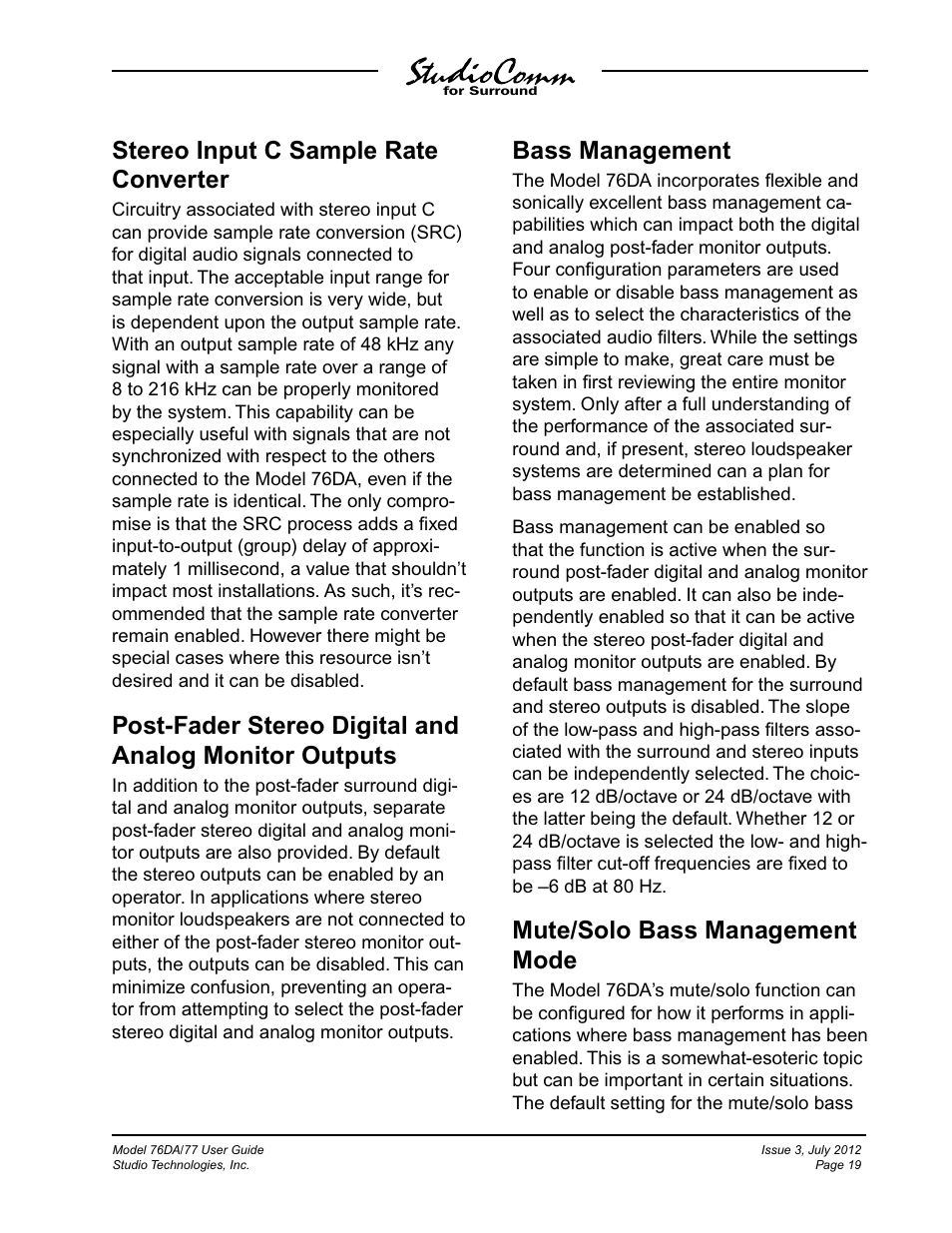 Stereo input c sample rate converter, Bass management, Mute/solo bass management mode | Studio Technologies 76DA V.4.00 User Manual | Page 19 / 51