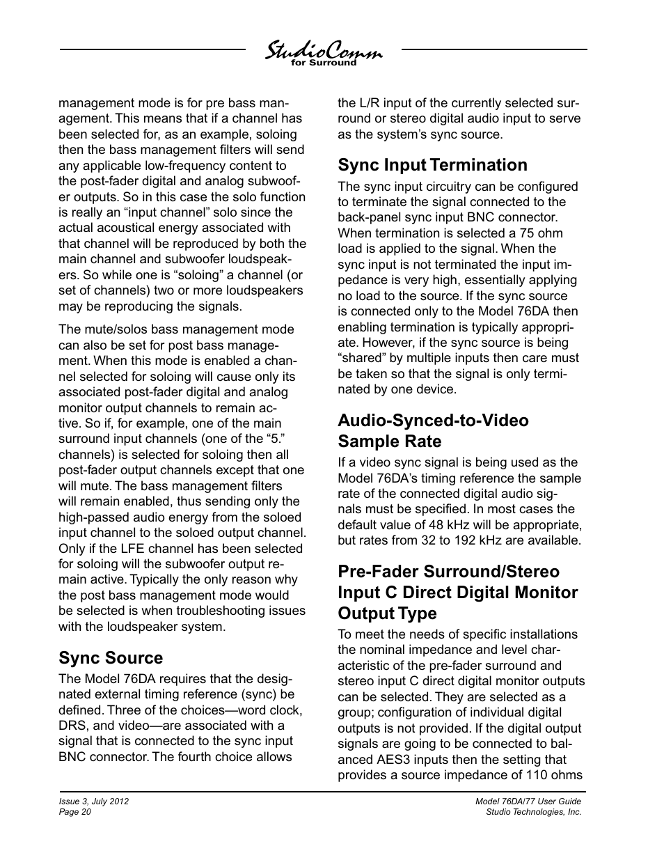 Sync source, Sync input termination, Audio-synced-to-video sample rate | Studio Technologies 76DA V.4.00 User Manual | Page 20 / 51