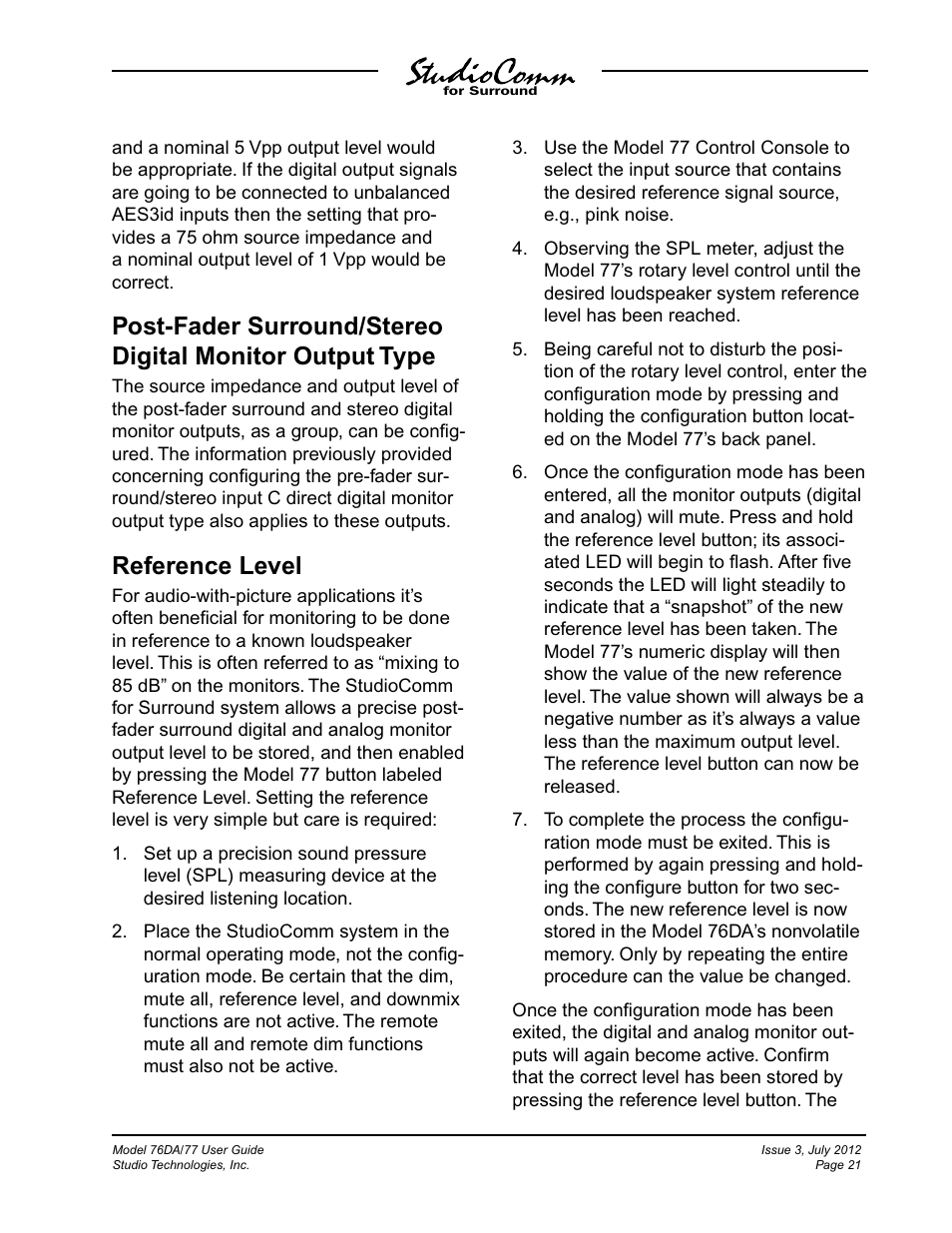 Reference level | Studio Technologies 76DA V.4.00 User Manual | Page 21 / 51