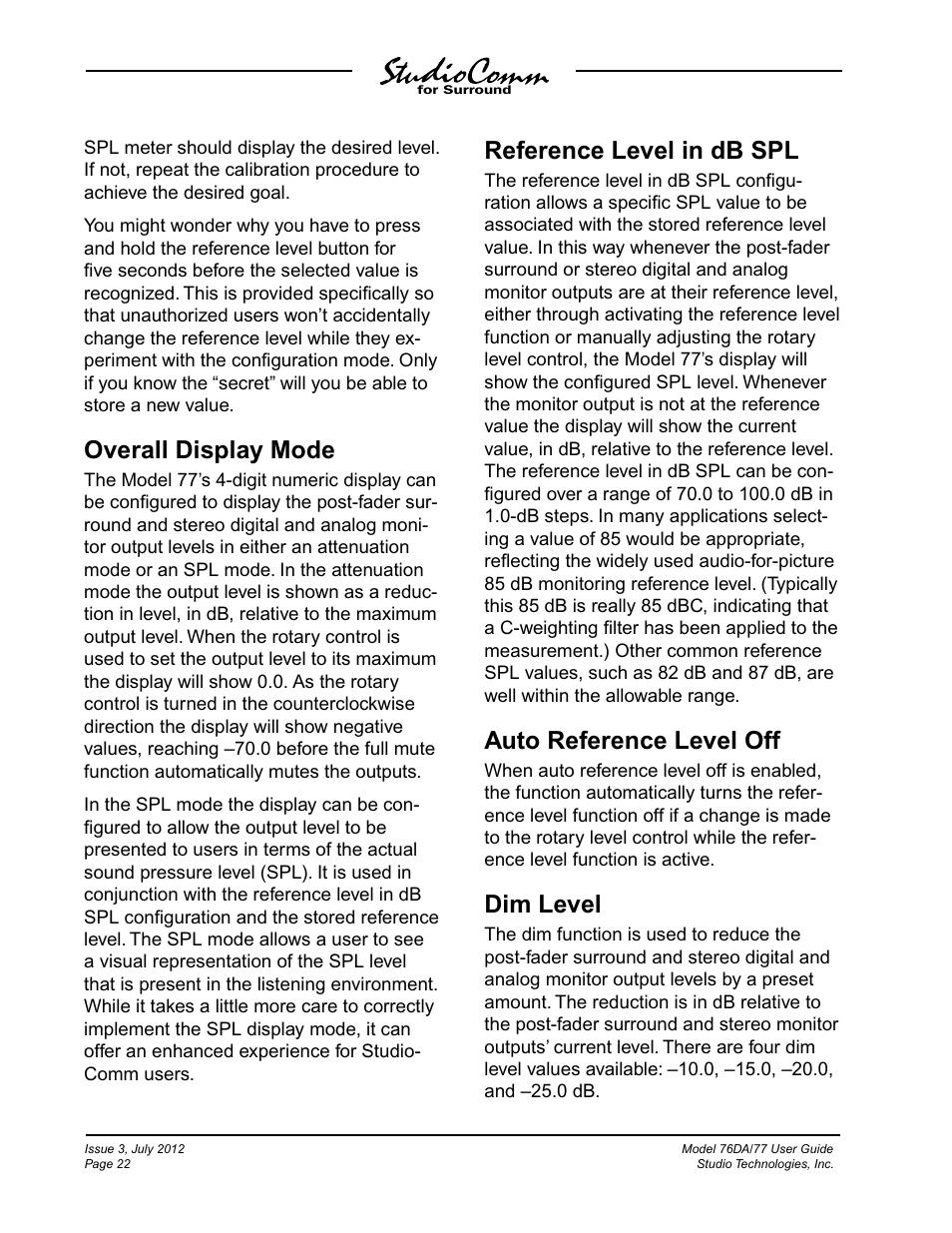 Overall display mode, Reference level in db spl, Auto reference level off | Dim level | Studio Technologies 76DA V.4.00 User Manual | Page 22 / 51