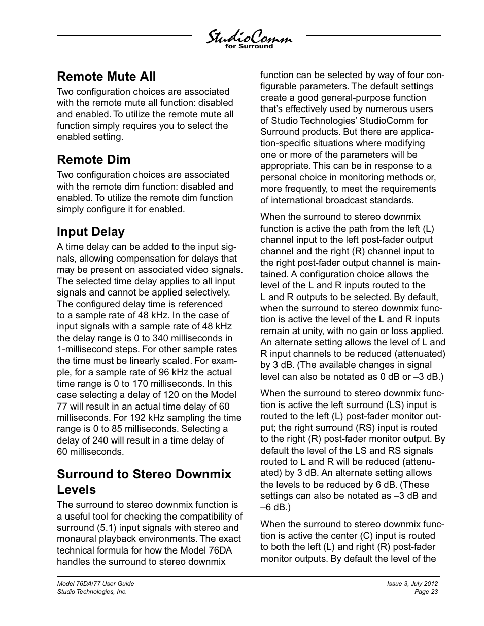 Remote mute all, Remote dim, Input delay | Surround to stereo downmix levels | Studio Technologies 76DA V.4.00 User Manual | Page 23 / 51