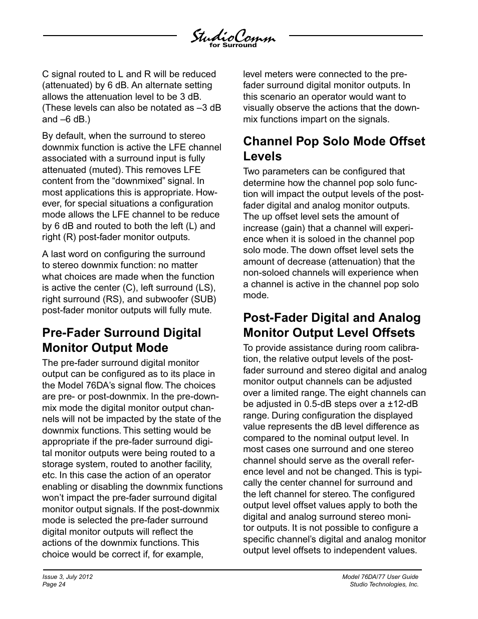Pre-fader surround digital monitor output mode, Channel pop solo mode offset levels | Studio Technologies 76DA V.4.00 User Manual | Page 24 / 51