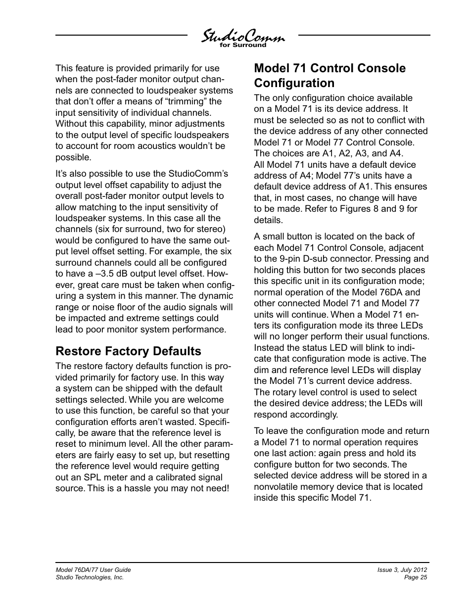 Restore factory defaults, Model 71 control console conﬁguration | Studio Technologies 76DA V.4.00 User Manual | Page 25 / 51